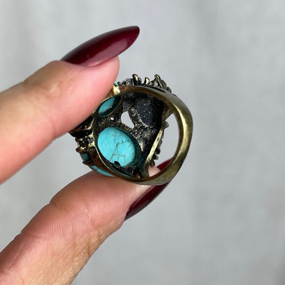 VTG Y2K Urban Outfitters Turquoise Howlite Rhinestone Statement Ring Gold 6-6.5 - Picture 14 of 16